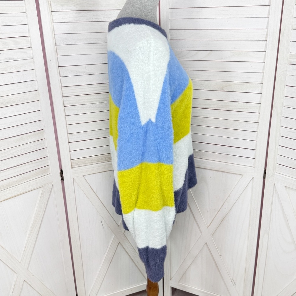 Aerie Flurry Rugby Stripes Fuzzy Oversized Crew Neck Sweater Blue Green‎ Medium - Picture 5 of 15